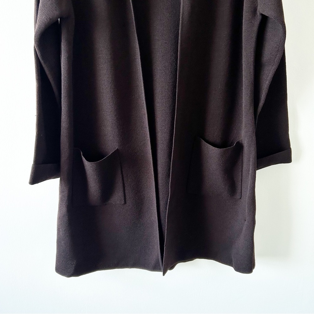 Eileen Fisher 100% Wool Dark Brown Open Front Long Cardigan Sweater Size PL - Picture 3 of 7